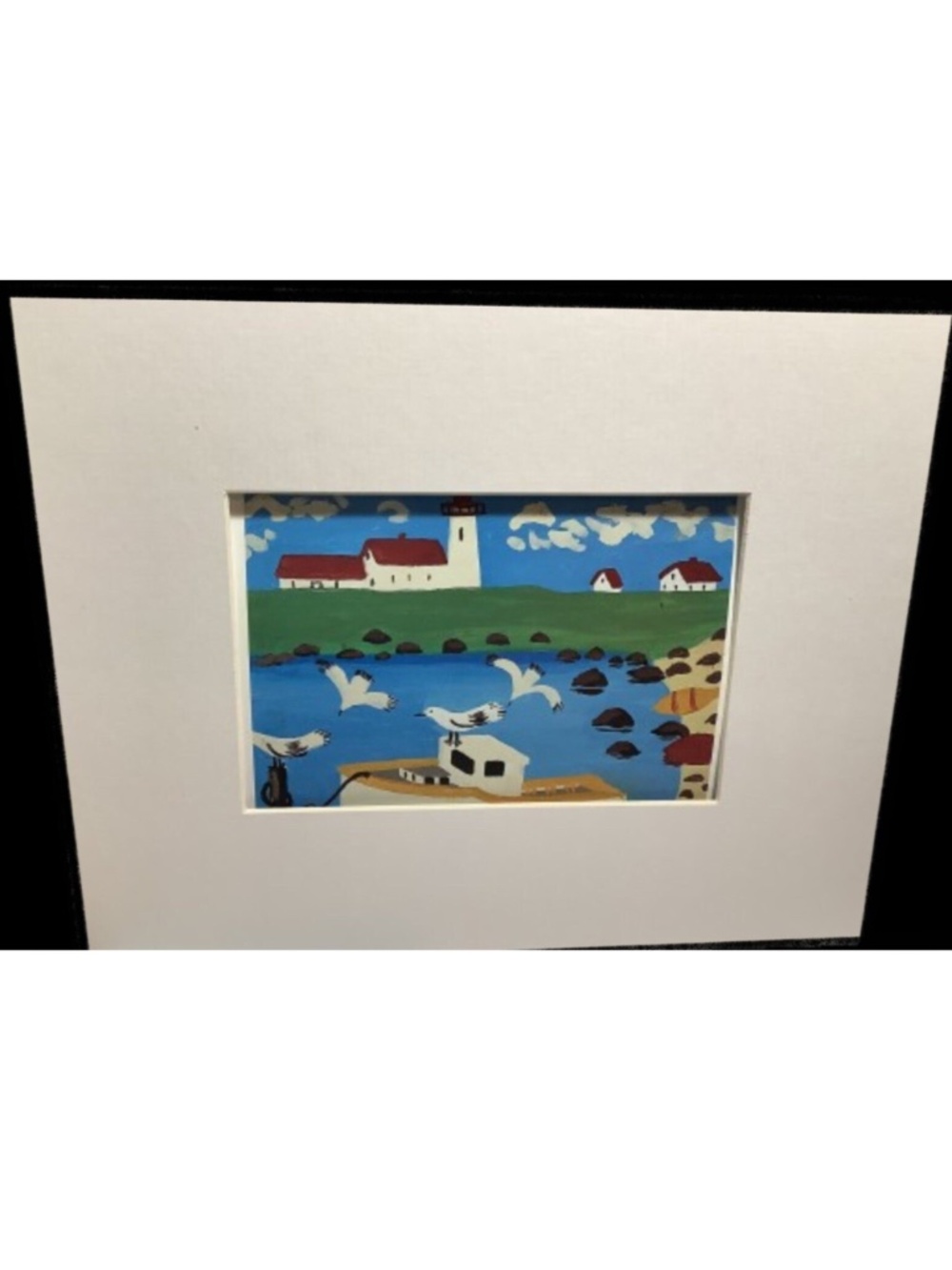 Maud Lewis Folk Art Card: Matted "3 Gulls Harbor Scene" - 8 x 10